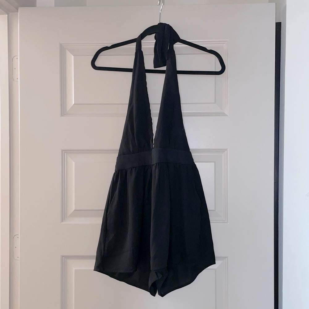 Black Backless Halter Mini Romper - image 1